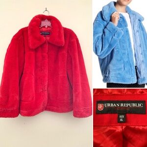 Urban Republic red faux fur jacket with satin lining and snap closure. Size XL